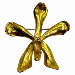 VINTAGE RISIS 1980s 1990s 24 KARAT GOLD PLATED REAL ORCHID BROOCH PIN SINGAPORE